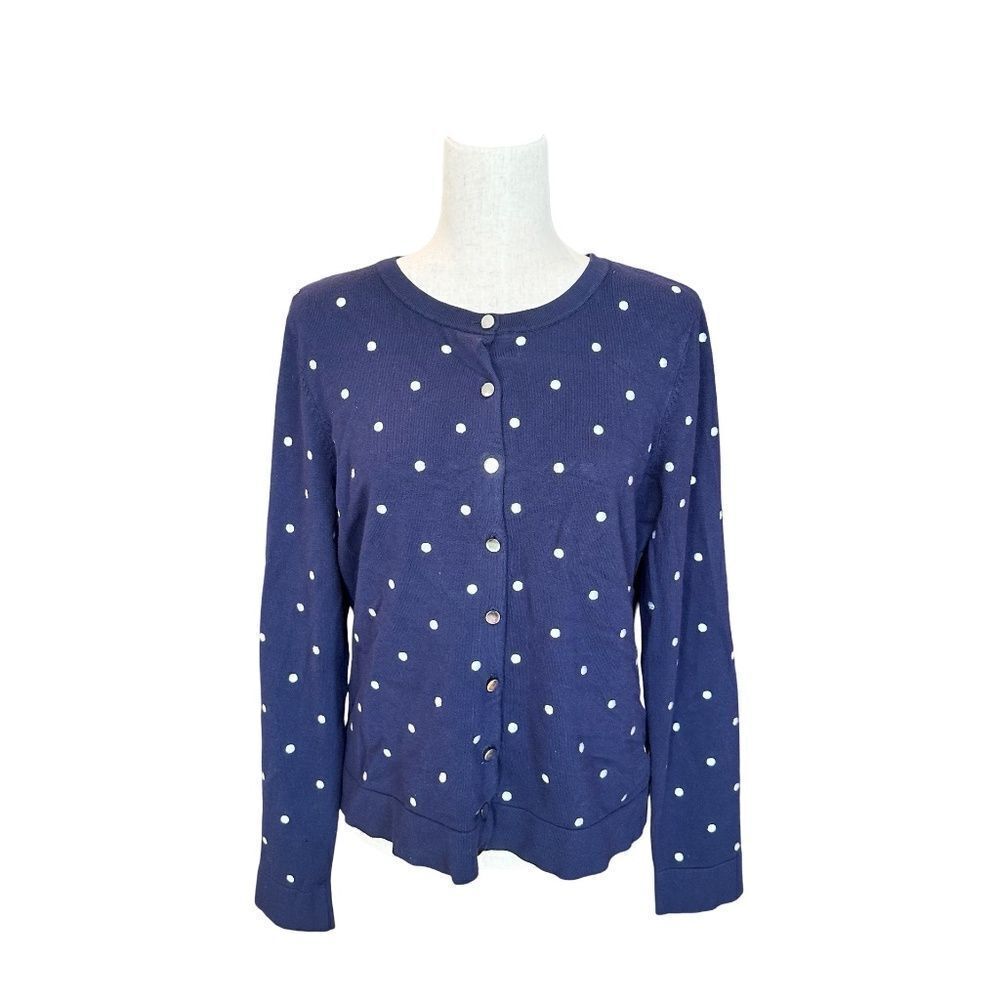 Charter Club Long Sleeve Button Up Polka Dot Cardigan Navy Blue/White Size Large - Picture 11 of 11